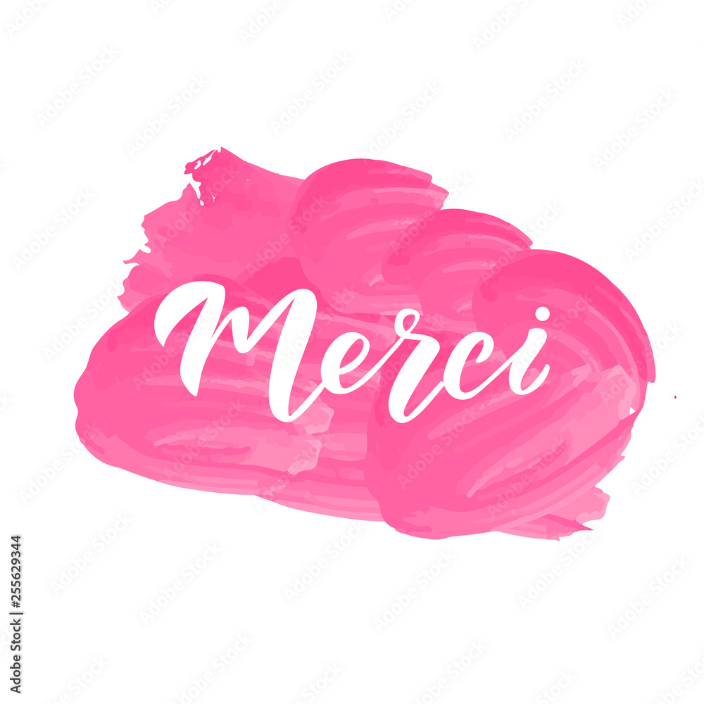 Merci hand lettering phrase. Thank you in French. Modern brush calligraphy. Design print for sticker, banner, poster, magazines, cafe. Vector illustration on background. Merci hand lettering phrase. Thank you in French. Modern brush calligraphy. Design print for sticker, banner, poster, magazines, cafe. Vector illustration on background.