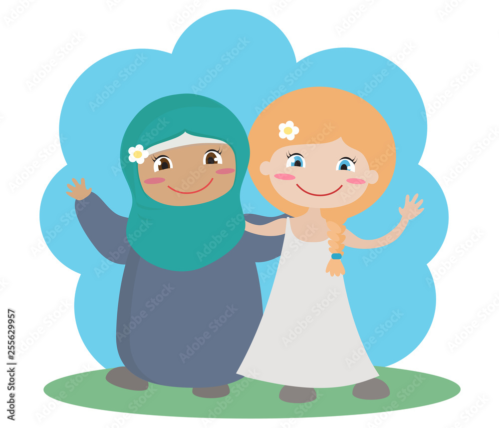 Two different girls together on a white background. Vector illustration. Two different girls together on a white background. Vector illustration.