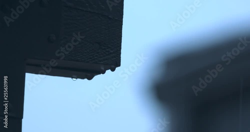 Rain Droplets Dripping off a Wooden Beam in Slow Motion