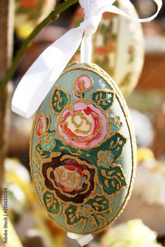 Easter market decor with ribbons, birds, eggs. Vienna Austria.