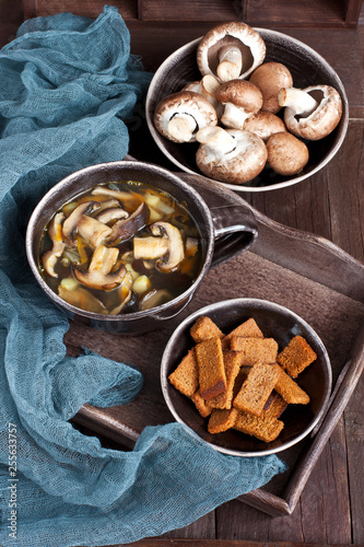 Home made mushroom soup with potato and carrot 