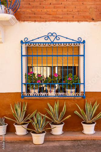 Beautiful window with flowers and blue painted metal window grill in Azofra, La Rioja Spain, architectural detail photo