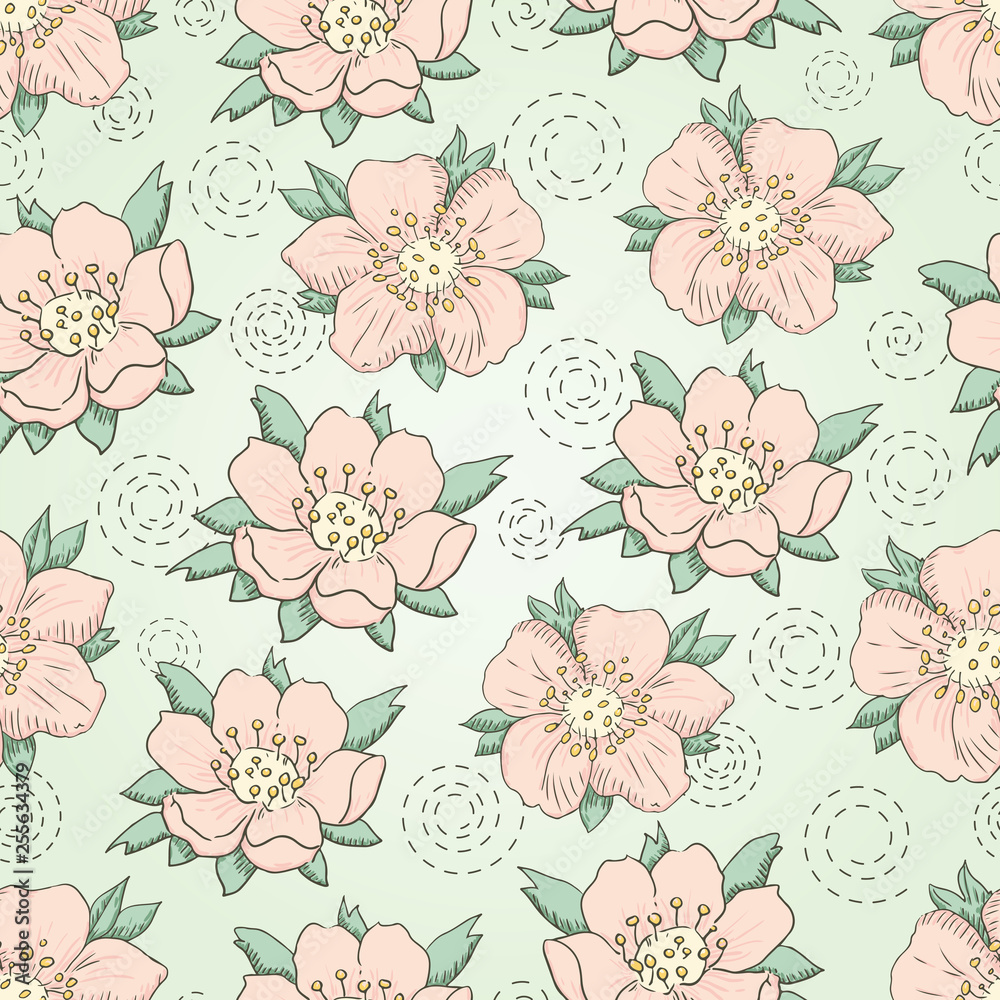 Vector floral seamless pattern with hand drawn flowers of strawberry on a light background
