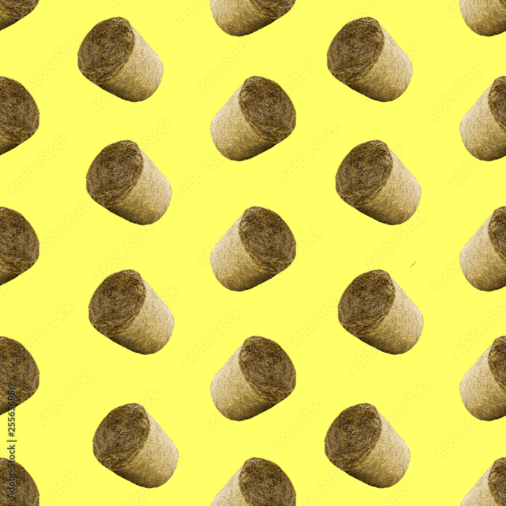 Raster seamless pattern. Bales of straw on a yellow background. Site about agriculture, farm, animal husbandry, graphics. Raster seamless pattern. Bales of straw on a yellow background. Site about agriculture, farm, animal husbandry, graphics.