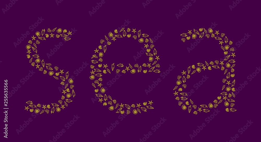 The word sea is made up of hand-drawn yellow outlines of starfishes and various types of seashells on a purple background.