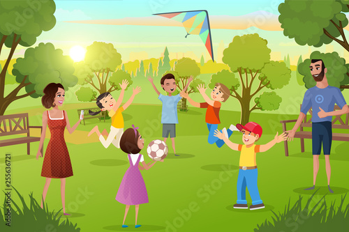 Happy Family Leisure in City Park Cartoon Vector