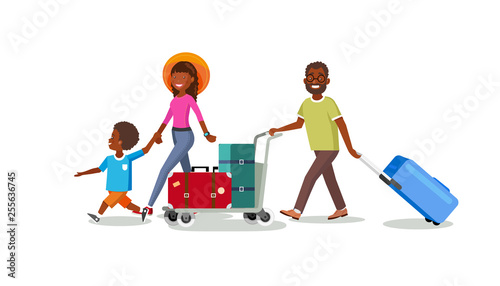 Traveling Family with Baggage Cart Cartoon Vector