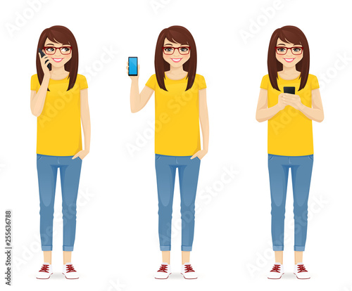 Woman in jeans with phone isolated vector illustration