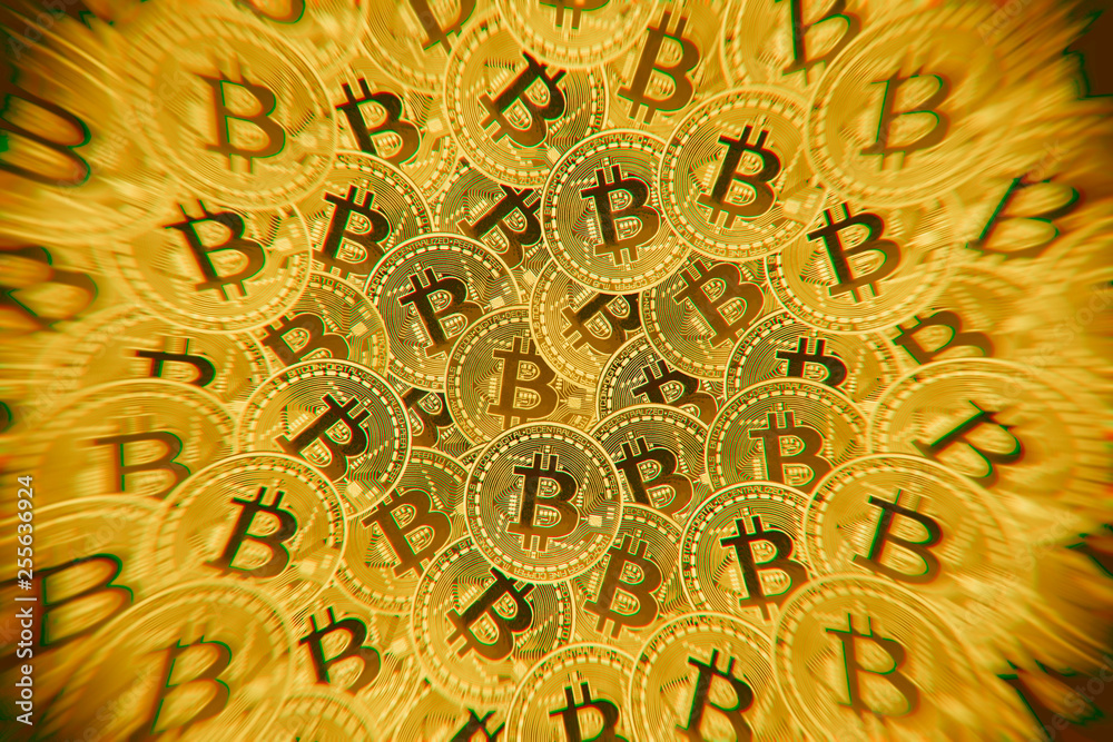 Doeble exposure of Many gold coins with Bitcoin sign, It is a cryptocurrency background.