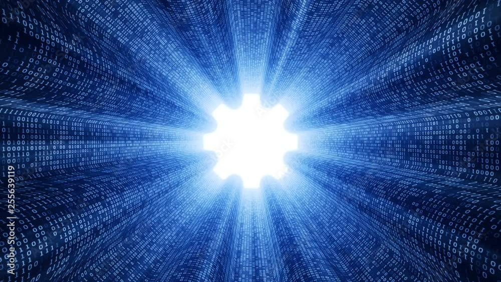 Abstract background with digital tunnel from binary code symbols 1 and 0 as technological sign with shine and light beams. Animation of seamless loop.