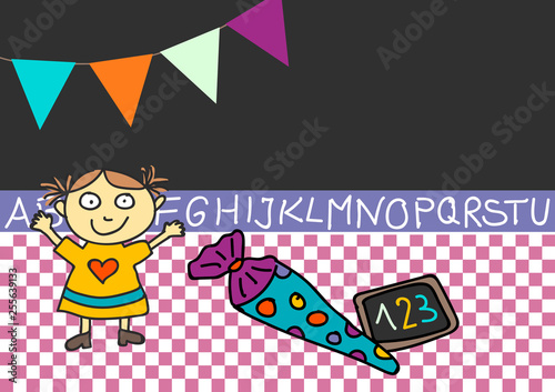Karte Einschulung Mädchen mit Wimpelkette und Copy Space