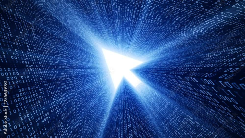 Abstract background with digital tunnel from binary code symbols 1 and 0 as technological sign with shine and light beams. Animation of seamless loop.