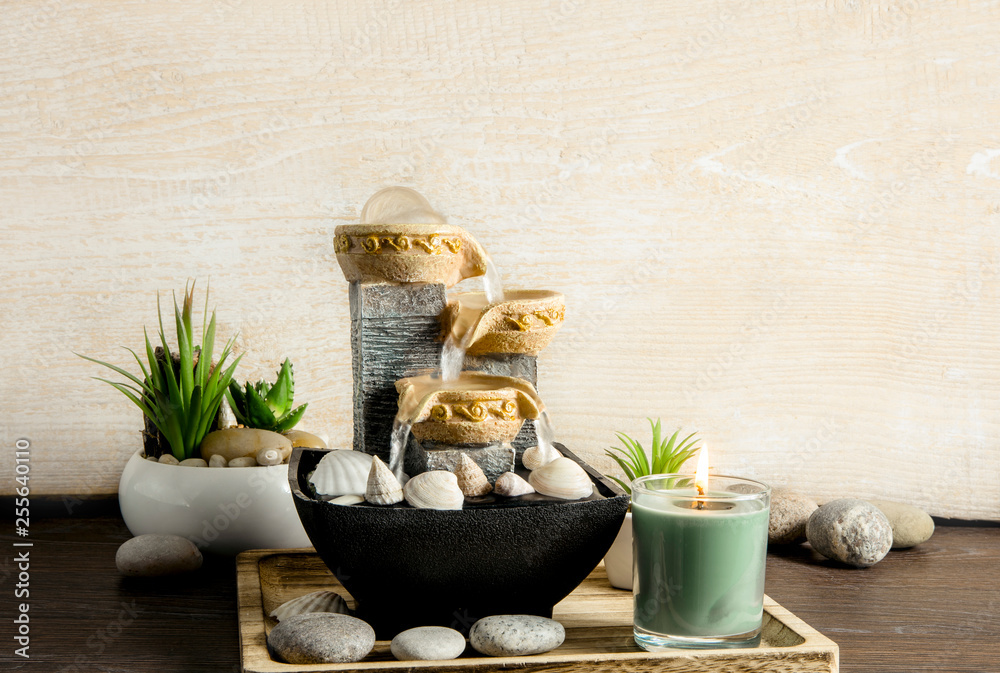 Portable indoor fountain for good Feng Shui in home or office. Small indoor  tabletop fountain with water flowing. Spiritual mind and soul balance  concept. Green plants in flower pot on background. Stock
