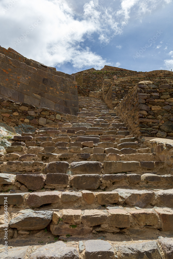 Ancient stone stairs  in an inka temple in Ollantaytambo, Peru