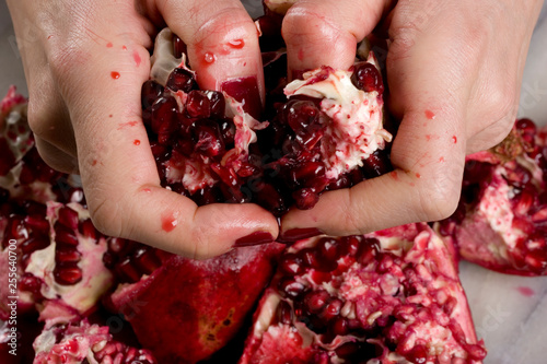woman hands opening a pomagranate