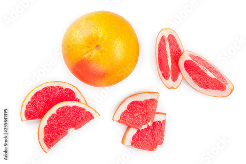 Grapefruit and slices isolated on white background. Top view. Flat lay pattern