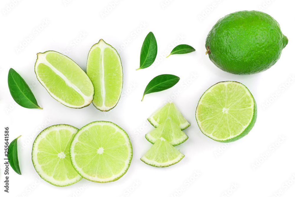 sliced lime vith leaves isolated on white background with copy space for your text. Top view. Flat lay pattern