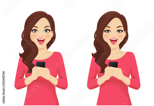 Surprised beautiful wave hairstyle woman holding mobile phone in hand isolated vector illustration