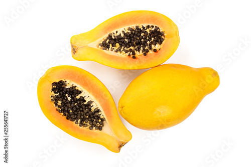 ripe papaya and half isolated on a white background. Top view. Flat lay