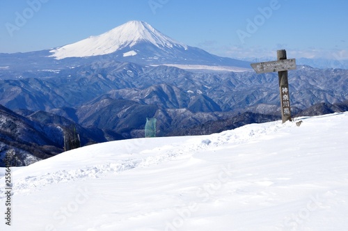 雪の塔ノ岳山頂より富士山を望む