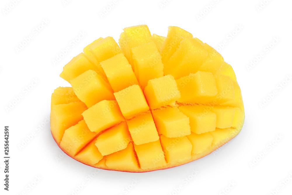 Mango fruit half isolated on white background close-up Mango fruit half isolated on white background close-up
