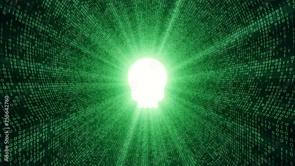 Abstract background with digital tunnel from binary code symbols 1 and 0 as technological sign with shine and light beams. Animation of seamless loop.