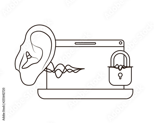 ear with sound wave and laptop