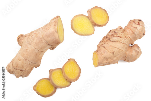 fresh Ginger root and slice isolated on white background. Top view. Flat lay