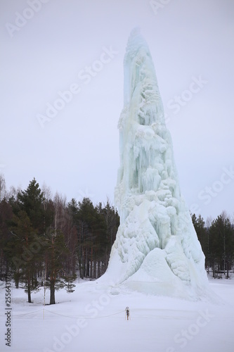 Ice tower formed by a fountain in Lycksele, northern Sweden