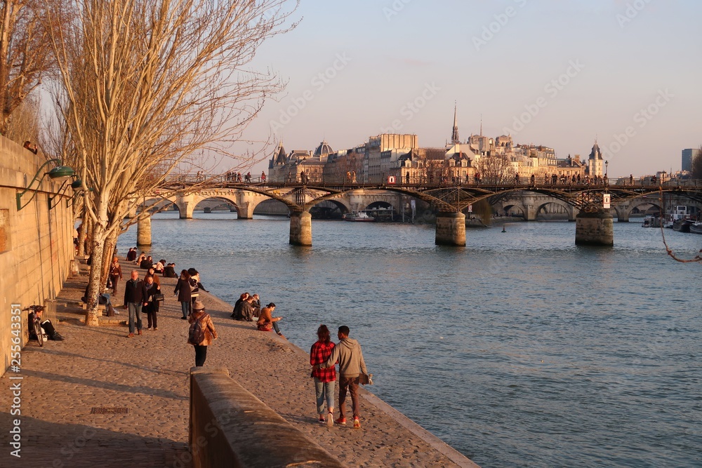 Obraz premium Paryż, promenada na quai de Seine z widokiem na Pont des Arts i Ile de la Cité (Francja)