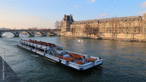 Paris, bateau mouche sur la Seine, devant le palais du Louvre (France)