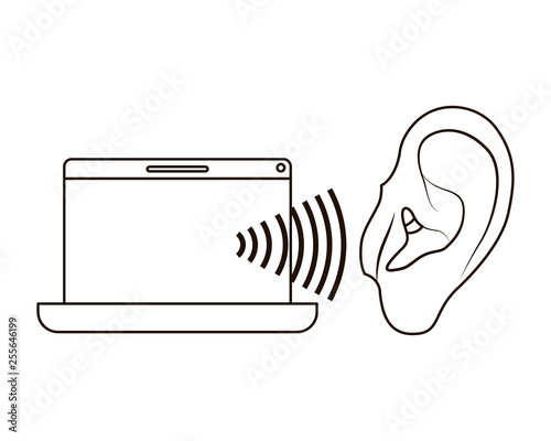 ear with sound wave and laptop