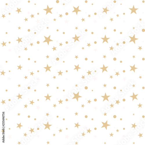 Colorful gold messy stars  little dots on white  festive seamless pattern with different shapes. Abstract confetti chaotic geometric. Geometrical background. Vector illustration.