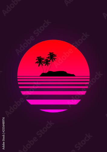 Silhouette coconut palm trees on a gradient background sunset. Vaporwave. Aesthetics.