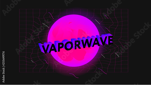 Poster with fluid holographic neon shape in retrowave, vaporwave nostalgic style.