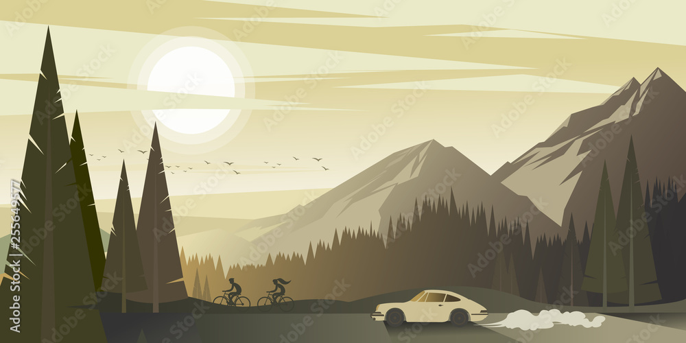 Plakat A trip to the mountains by car on a warm summer evening. Vector illustration.