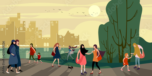 A group of young urban people walk in the evening summer city quay. Vector illustration.