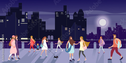 Young people walk along the city’s embankment on a late summer evening. Vector illustration.