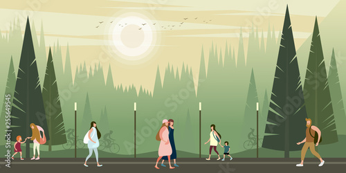 People walk on a warm misty evening in a summer city park. Vector illustration.