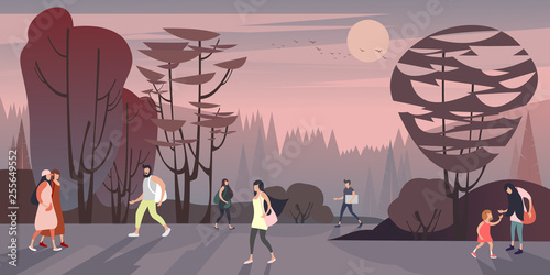 People walk on a warm evening in a summer city park. Vector illustration.