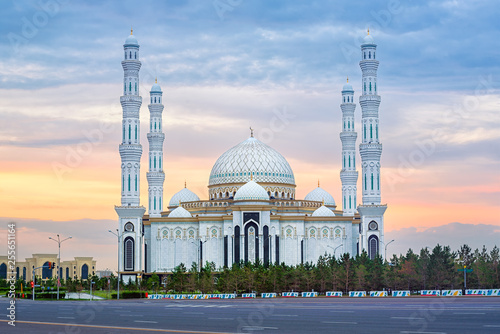 Astana, Kasakhstan, beautiful white Hazrat Sultan mosque on sunset photo