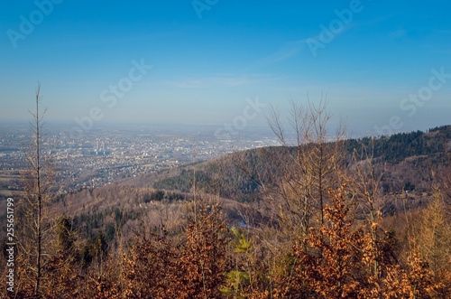 Beautiful highland urban view. The city of Bielsko-Biala seen from the mountains.