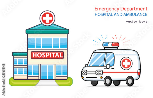 Hospital building and ambulance car isolated, emergency department vector icons.