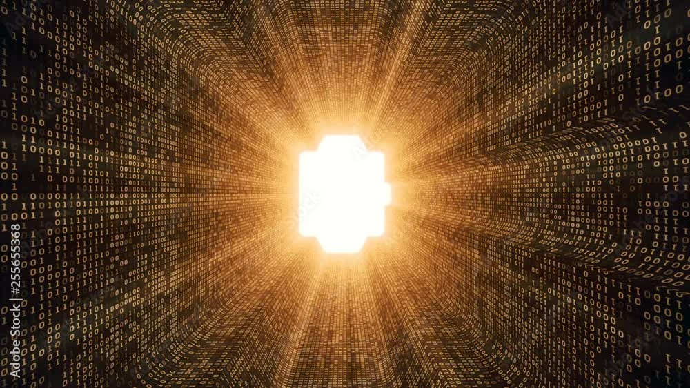 Abstract background with digital tunnel from binary code symbols 1 and 0 as technological sign with shine and light beams. Animation of seamless loop.
