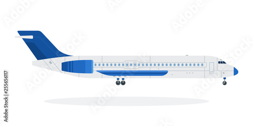 Blue plane vector flat material design isolated object on white background.