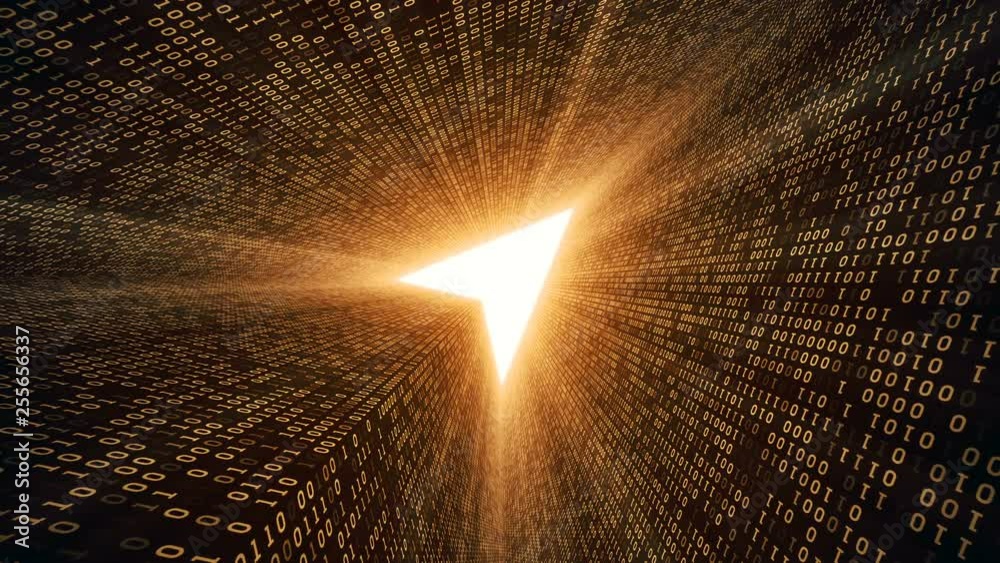 Abstract background with digital tunnel from binary code symbols 1 and 0 as technological sign with shine and light beams. Animation of seamless loop.