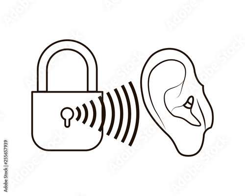ear with sound wave and security padlock
