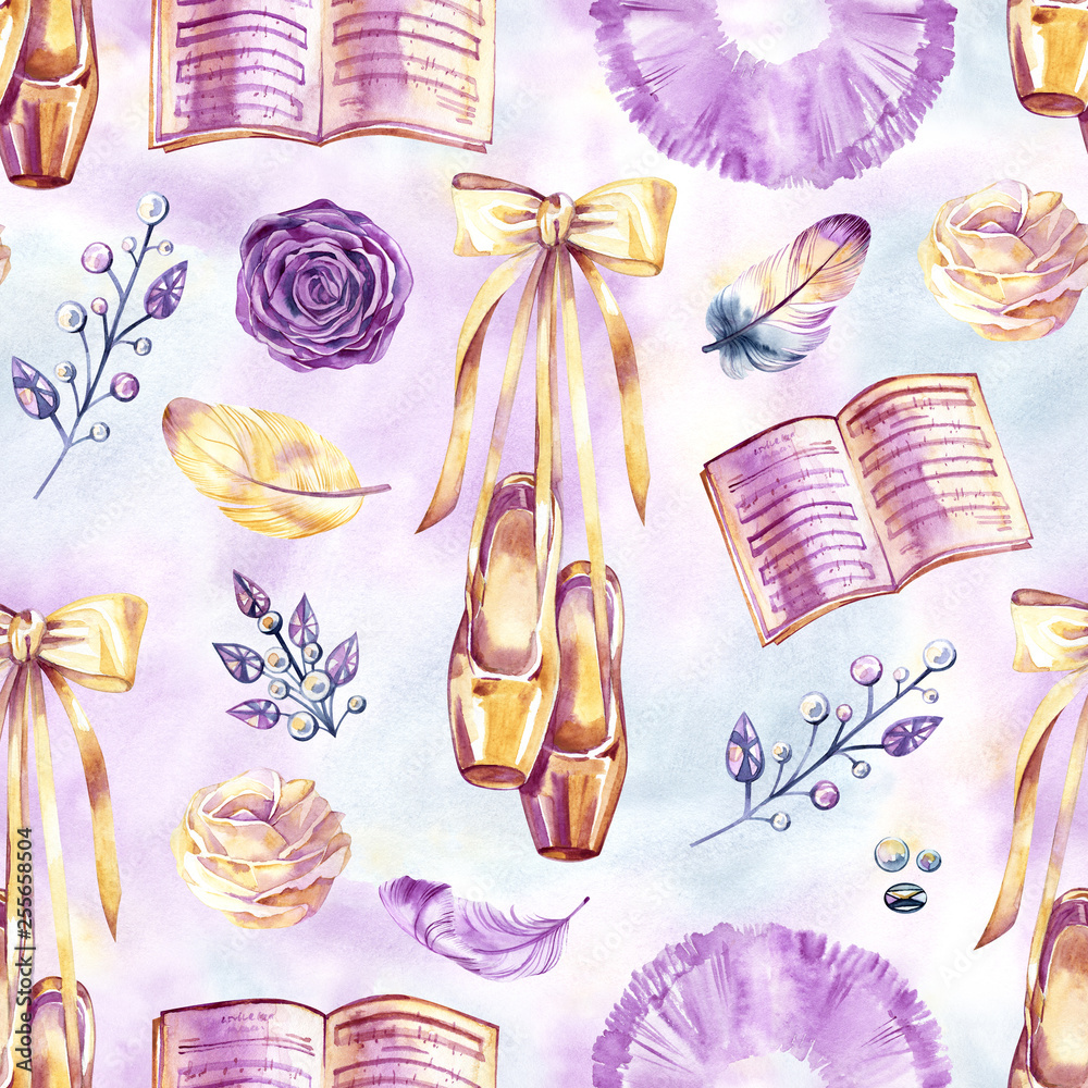 Ballet seamless pattern with ballerina symbols tutu, pointe, swan