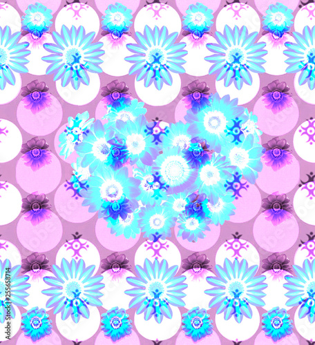 Illustration. Printing for fabric, summer flowers, exotic leaves. Pattern, seamless plants on colored geometric background. Nature Wallpaper.