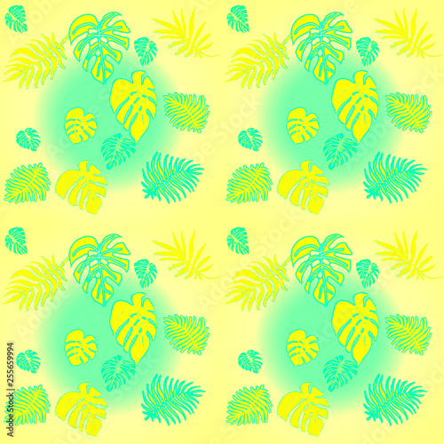 Tropical green leaves seamless pattern pink background. Exotic wallpaper